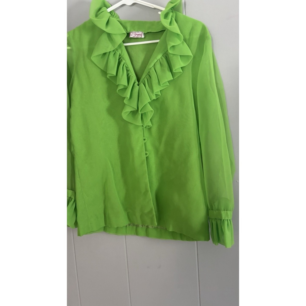 Lime Green Vintage 1960s Ruffle  Blouse  Shirt Retro Costume Mad Men Era Gregory